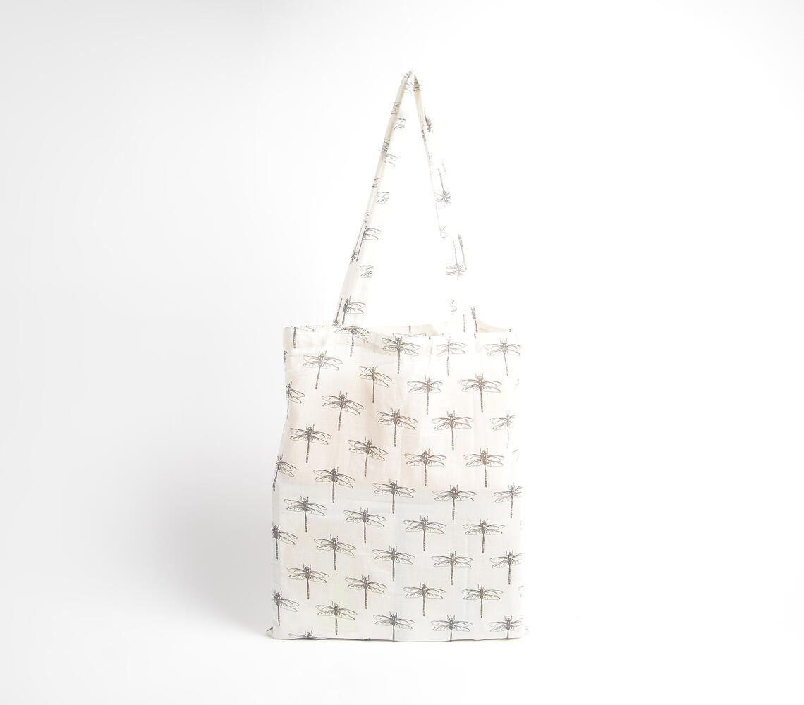Dragonfly Printed Cotton Tote Bag - Off-White - VAQL101015114301