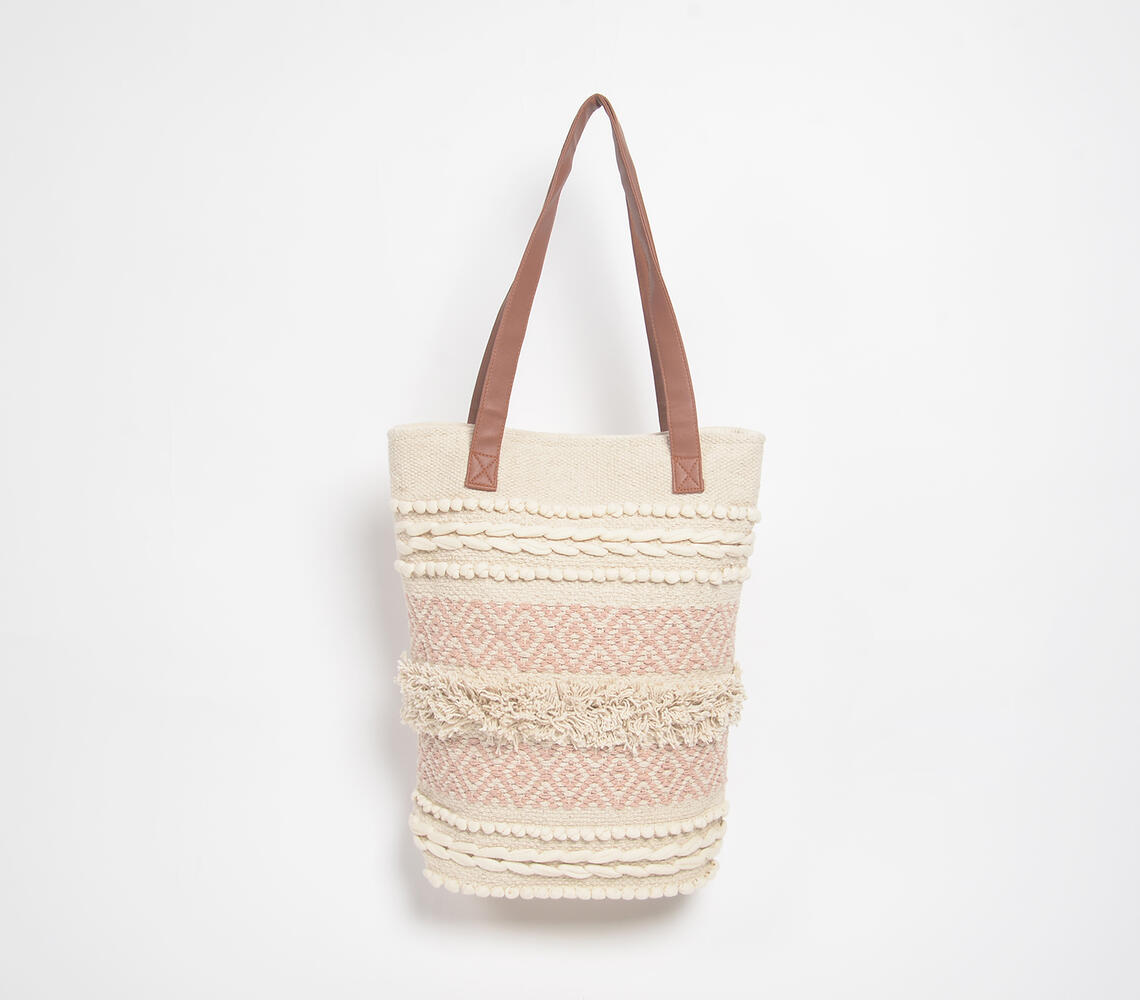 Woven & Tufted Pastel Cotton Tote Bag - Beige - VAQL101015115125