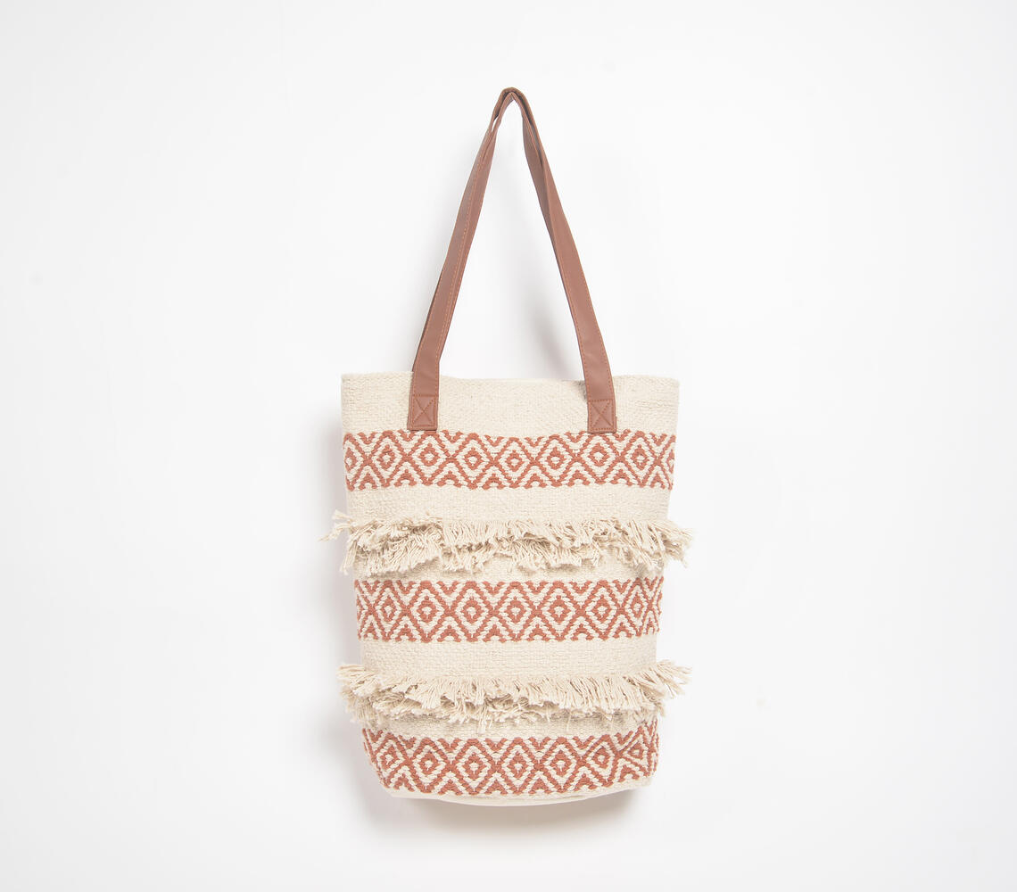 Woven & Tufted Rust Cotton Tote Bag - White - VAQL101015115128