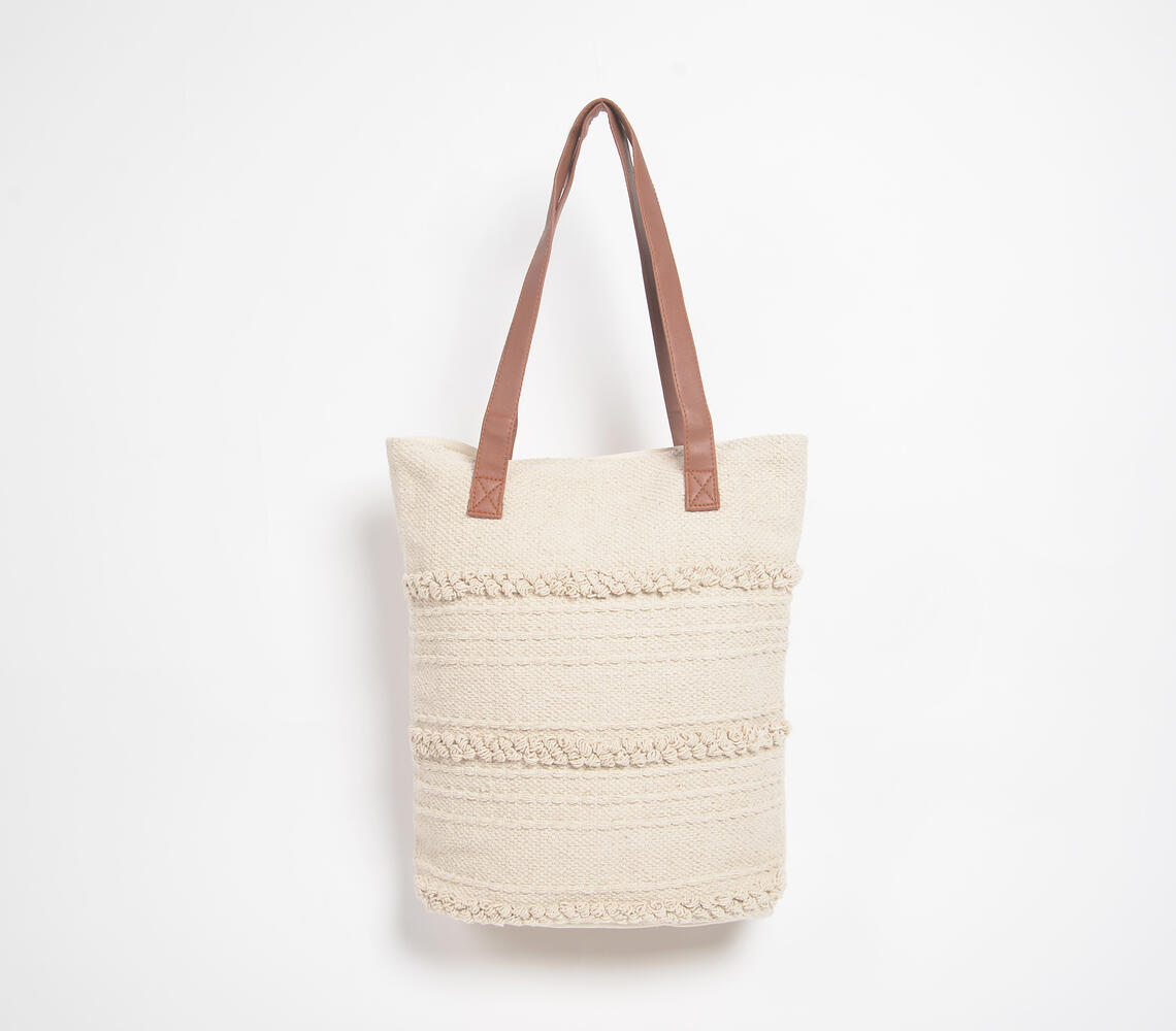 Minimal texture striped Cotton Tote Bag - White - VAQL101015115130