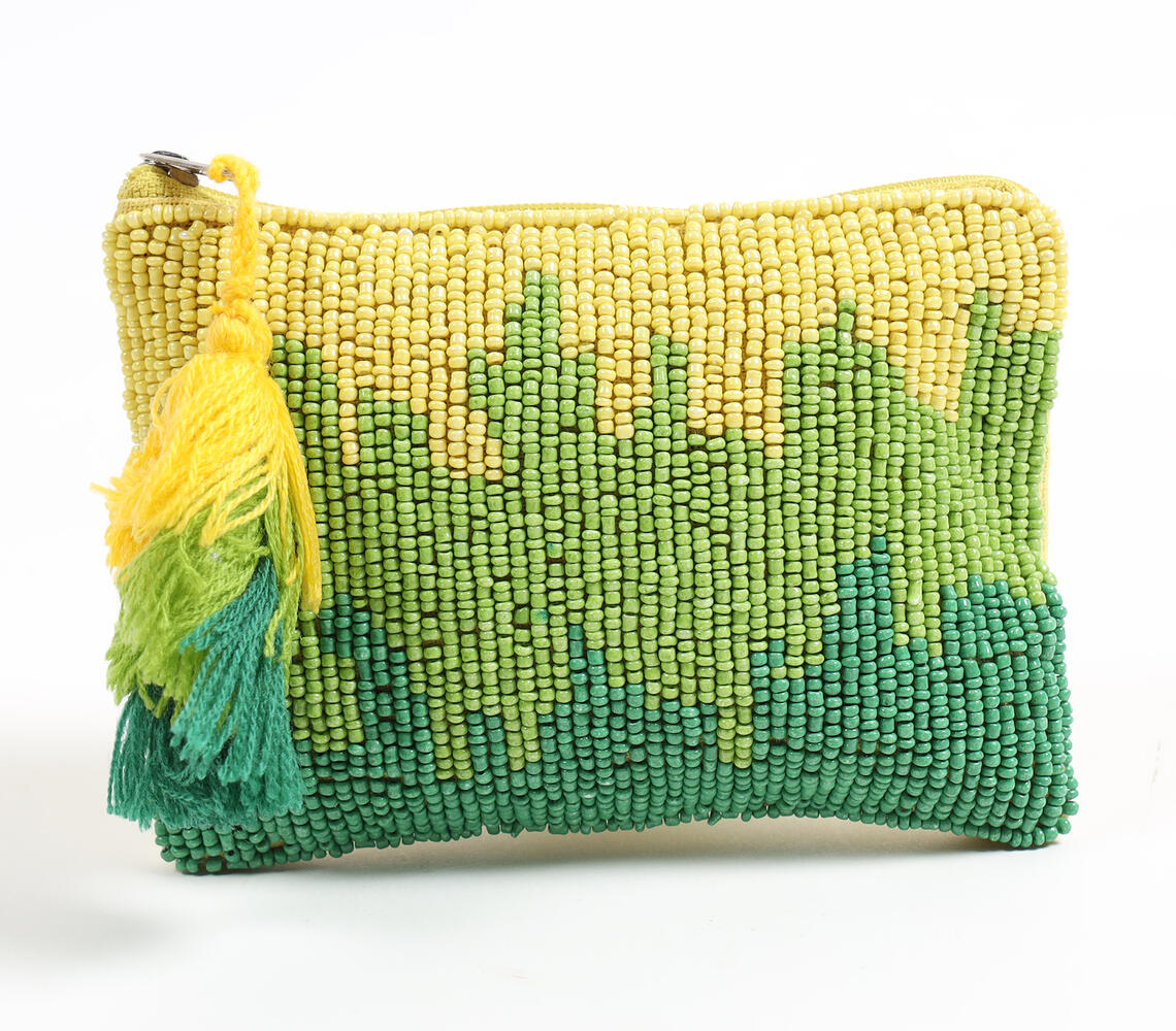 Beaded & Tasseled Green Ombre Pouch - Green - VAQL101015120678