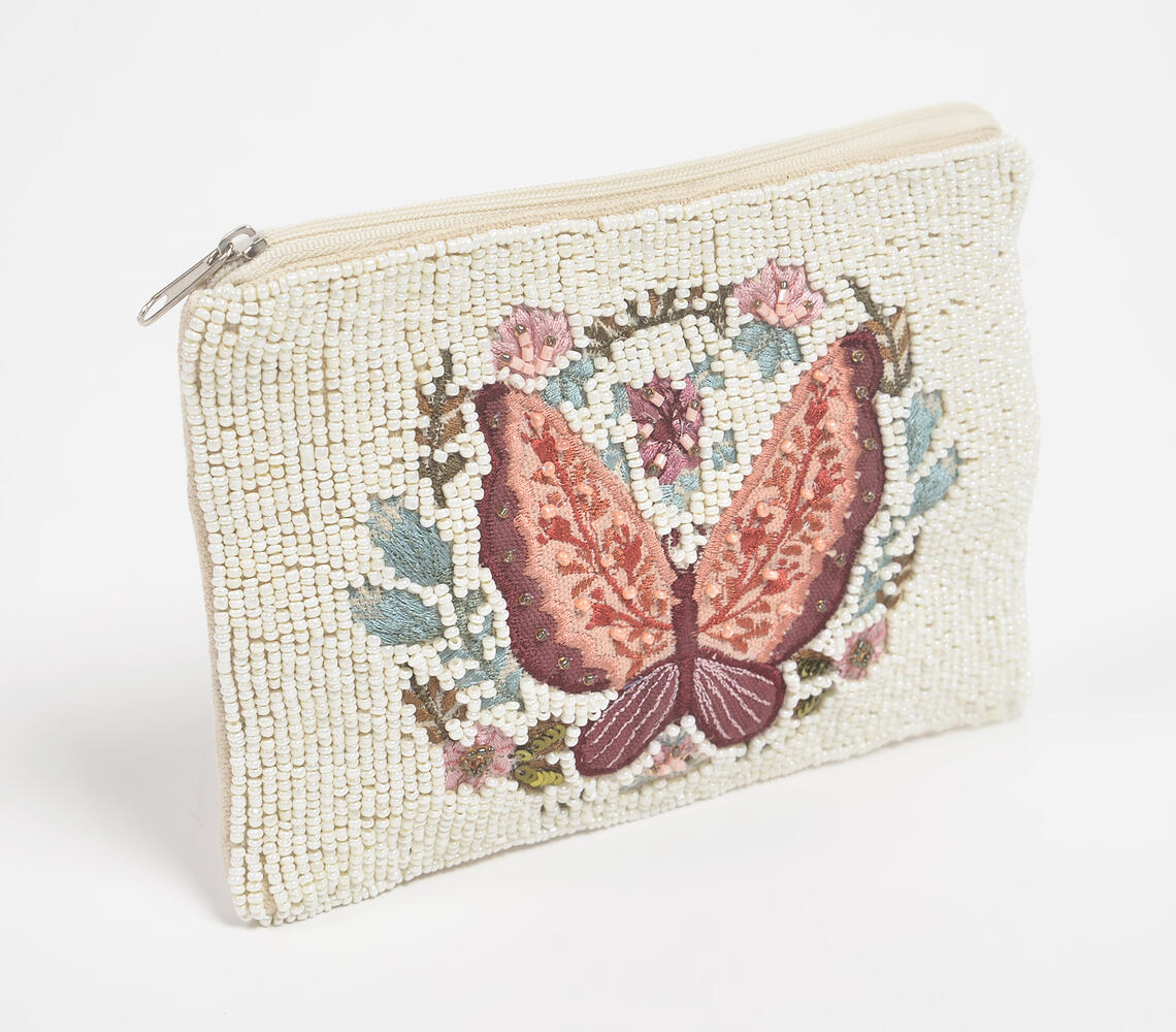 Butterfly embroidered Beaded White Coin Pouch - White - VAQL101015120679