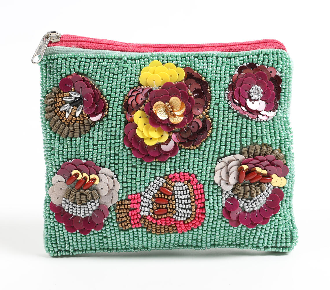 Floral Sequins & Beads Green Pouch - Green - VAQL101015120683