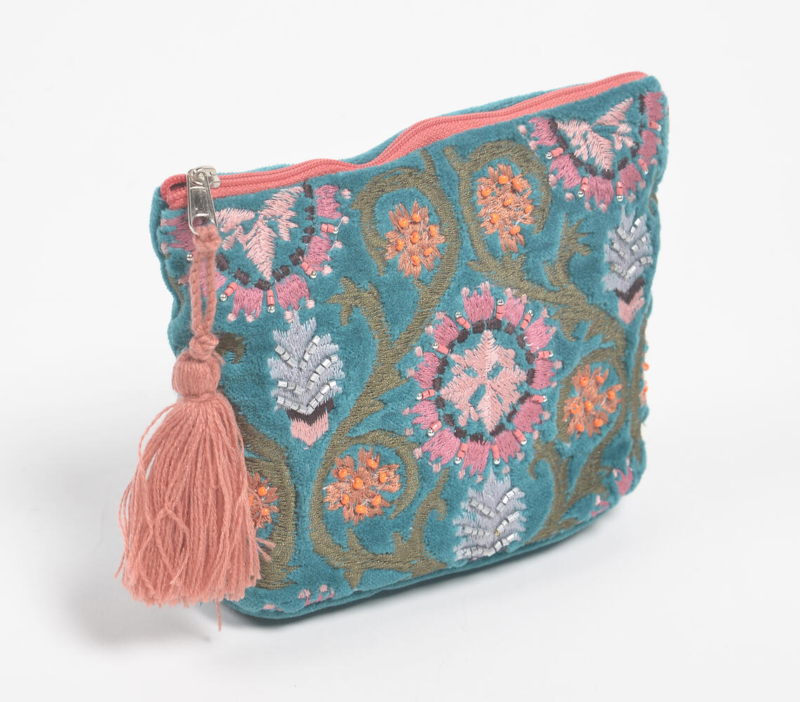 Floral embroidered Green Velvet Pouch - Green - VAQL101015120688
