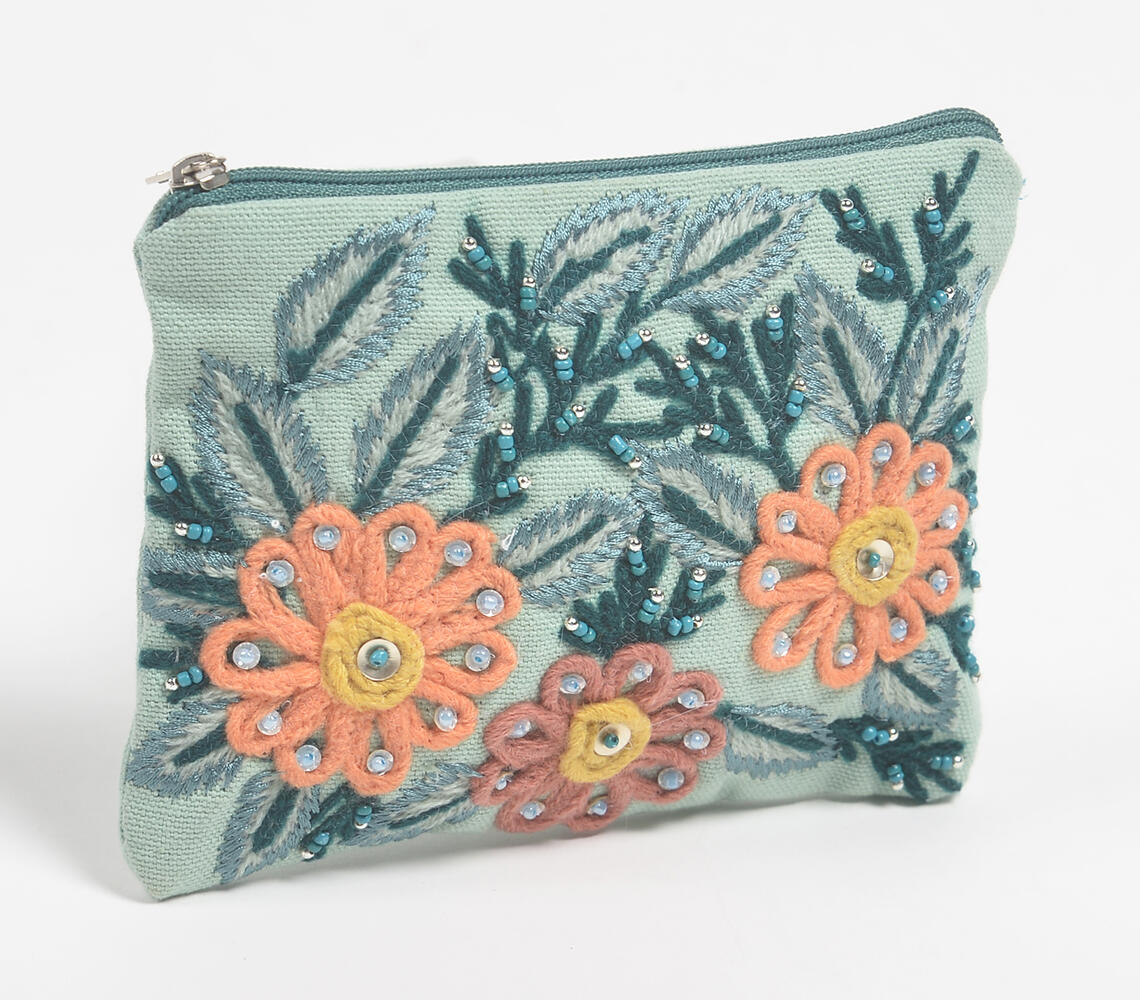 Daisies embroidered Coin Pouch - Blue - VAQL101015120709