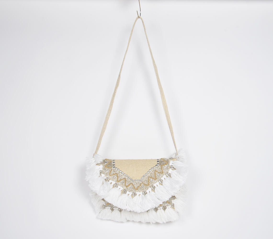 Ivory Tasseled & Sequin Embellished Jute Sling Bag - Beige - VAQL10101574311