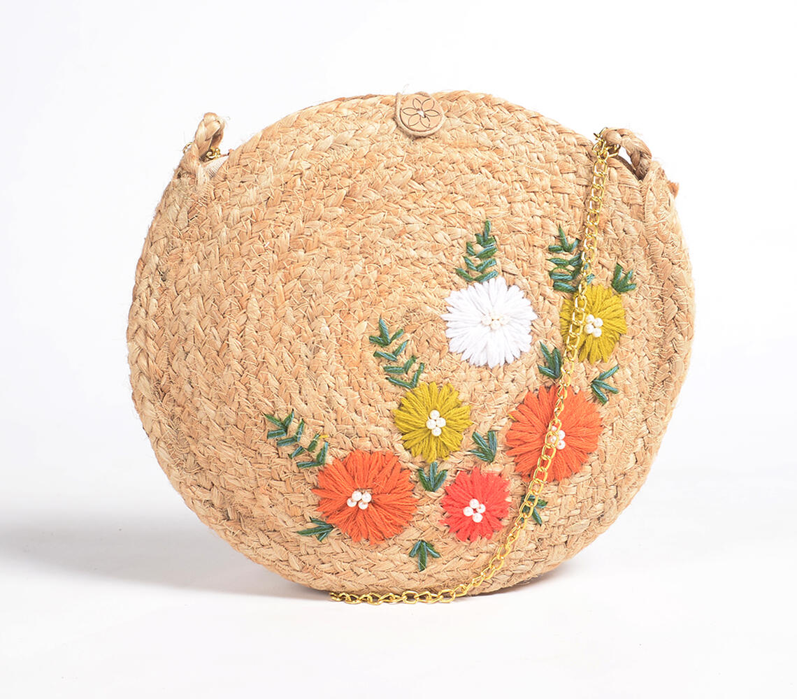 Floral Jute & Macrame Thread Roundie bag - Multicolor - VAQL10101575690