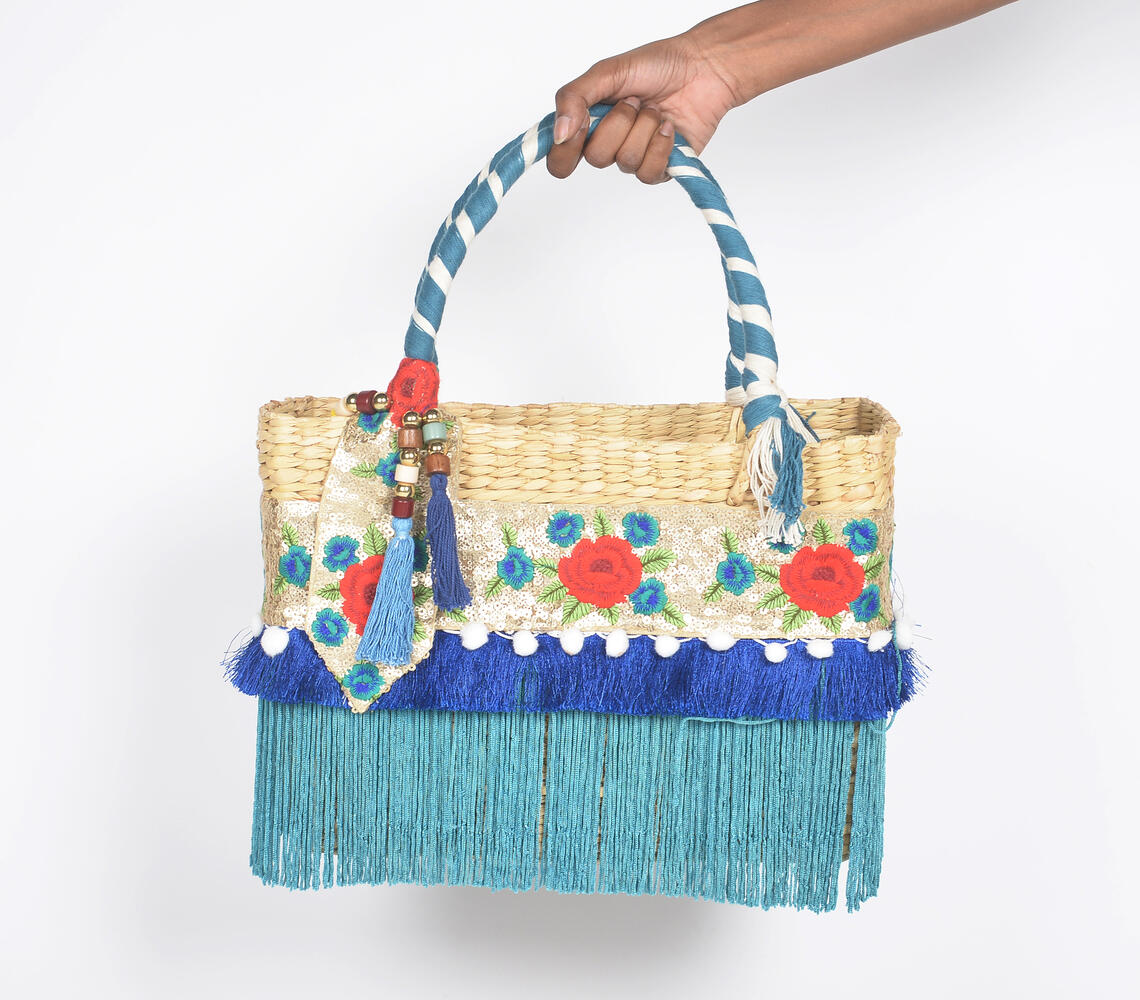 Fringed Floral Basket Woven Cane Turquoise Handbag - Turquoise - VAQL10101597530