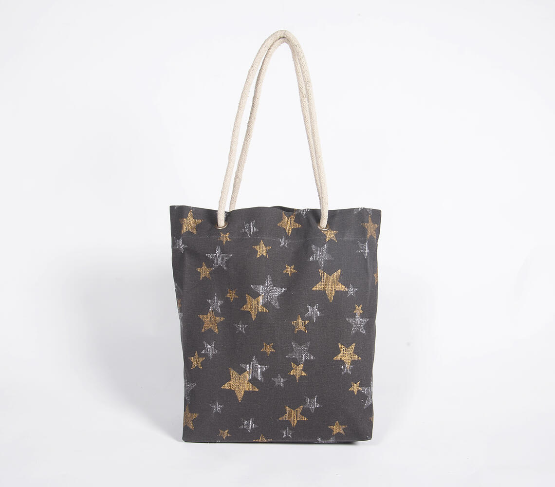 Handloom Cotton Star Printed Tote Bag - Multicolor - VAQL10101597685