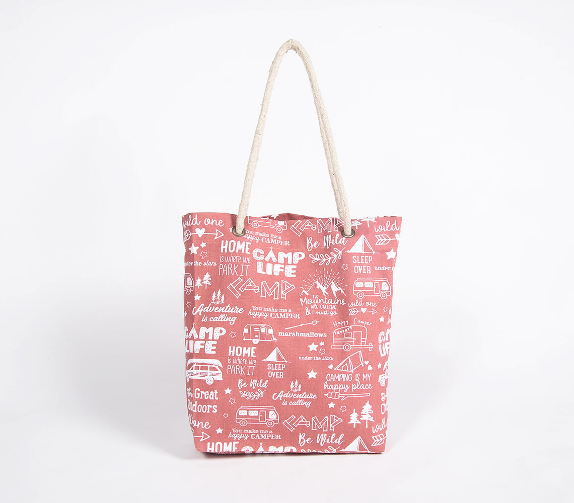 Handloom Cotton Typographic Travel Tote Bag - Red - VAQL10101597686