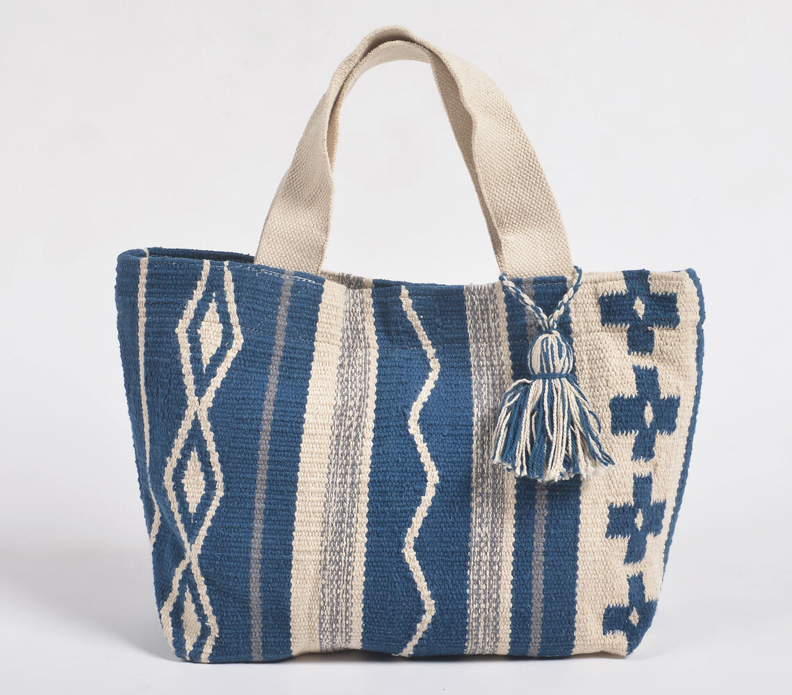 Handloom Cotton Tasseled Indigo Handbag - Multicolor - VAQL10101599063