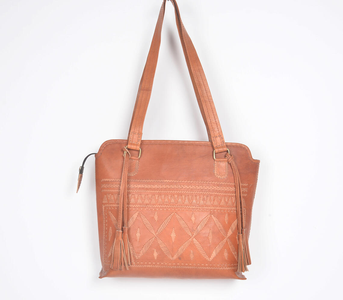 Diamond Punch Work Leather Bag With Tassels - Brown - VAQL10101599689