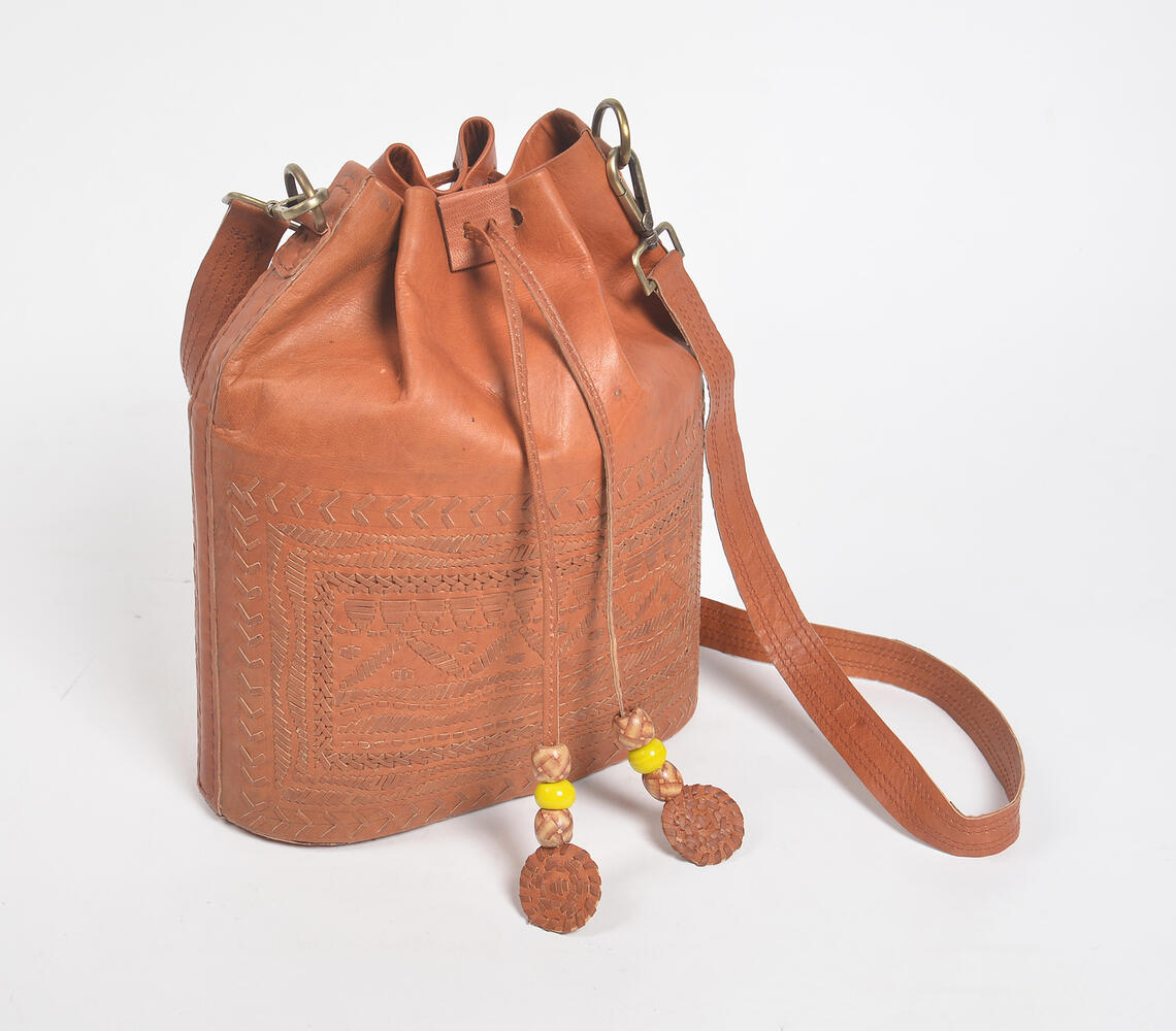 Kutch Leather Tan Drawstring Bucket Bag - Brown - VAQL10101599704