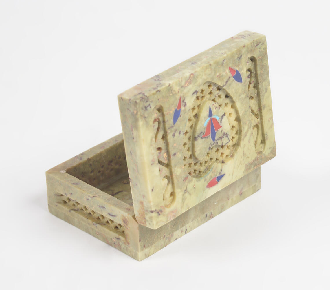 Inlaid Semi-Precious Stone & Lattice Cut Soapstone Jewelry Box 1 - Yellow - VAQL101018103415