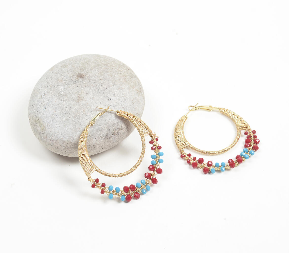 Metallic-Yarn Wrapped Iron & Glass Beads Dual-Hoop Earrings - Gold - VAQL101018112070
