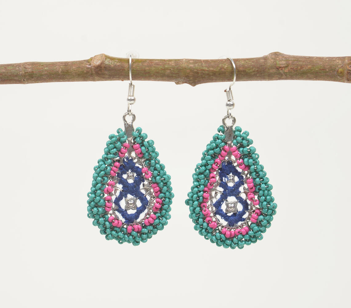 Teal & Pink Beaded Drop Earrings - Turquoise - VAQL101018112078