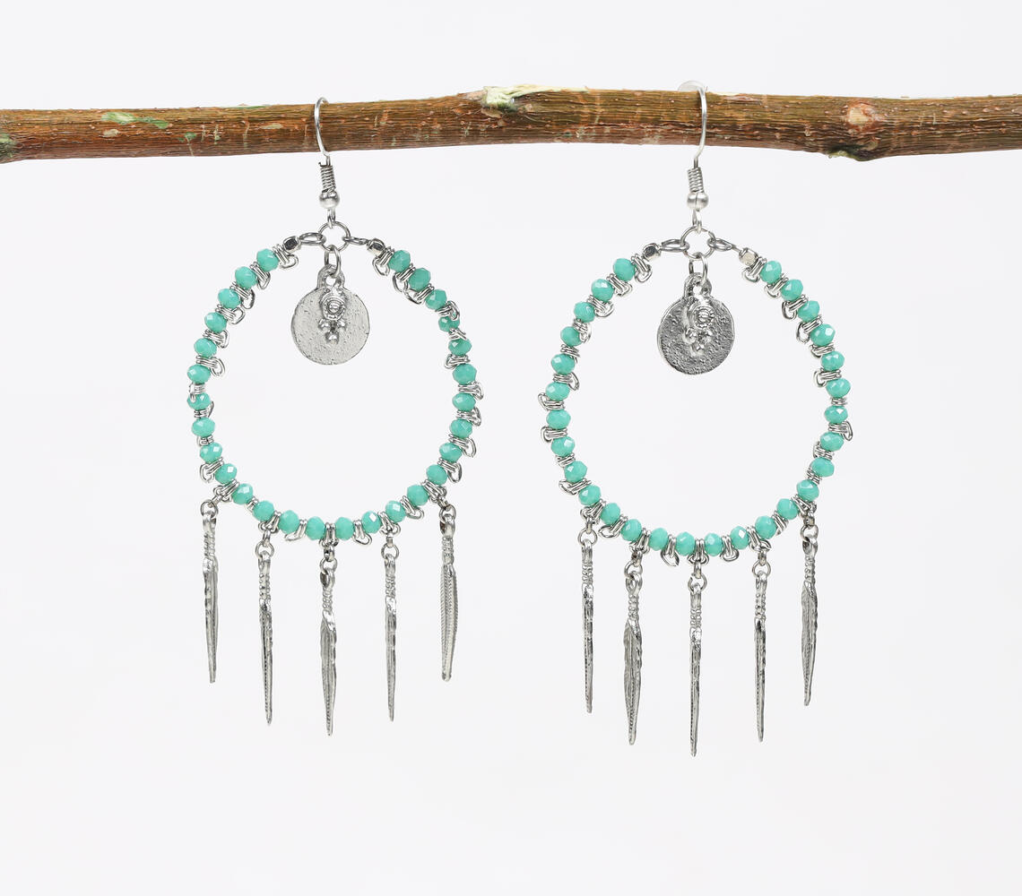 Silver-Toned Iron & Turquoise Beads Shoulder-Duster Earrings - Silver - VAQL101018112100