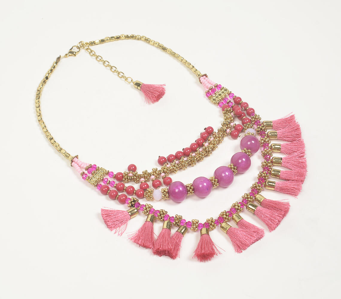 Bubblegum Beaded & Tasseled Boho Necklace - Pink - VAQL101018113646