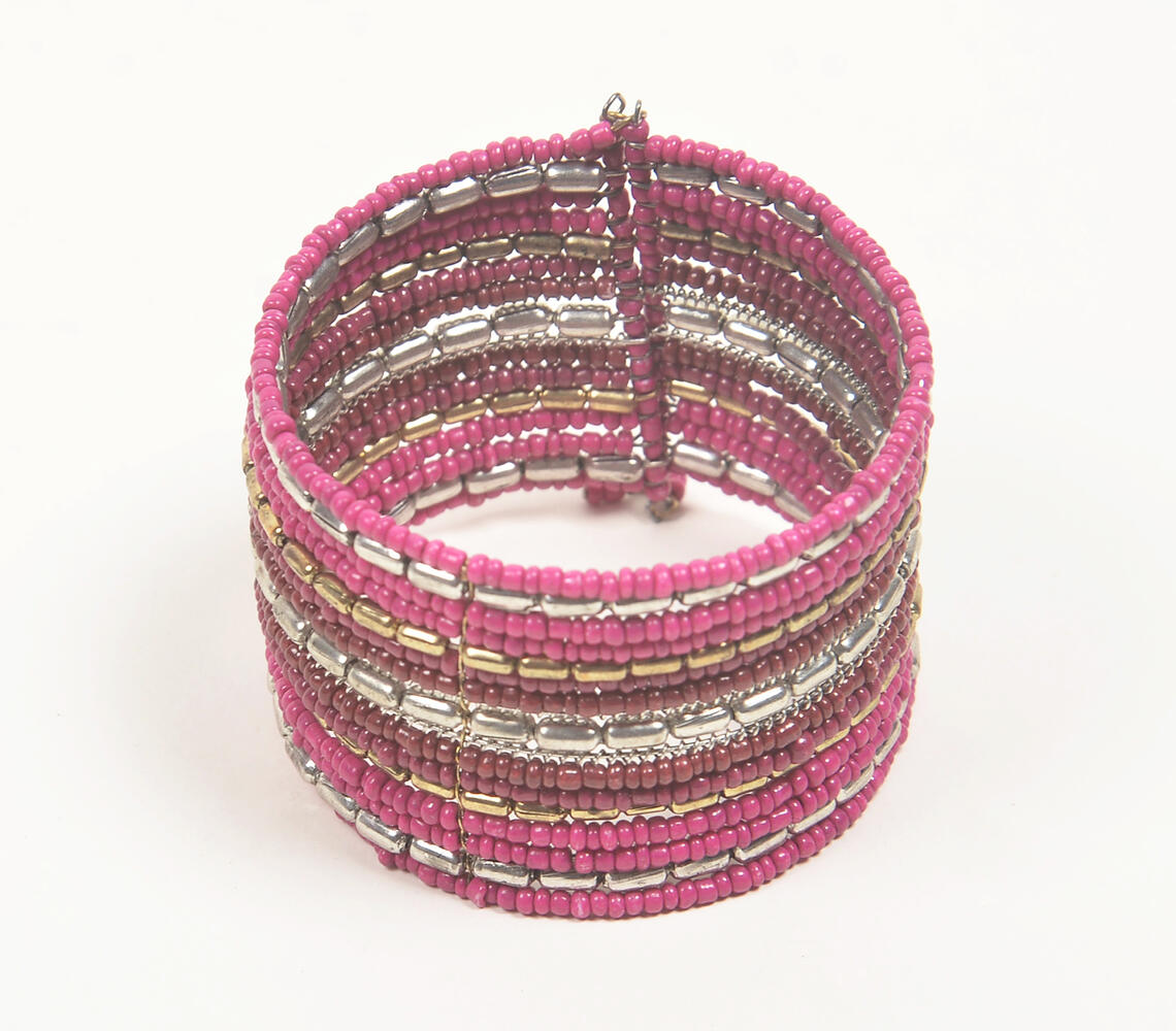 Fuschia Glass Beaded Stacked Cuff Bracelet - Multicolor - VAQL101018113721