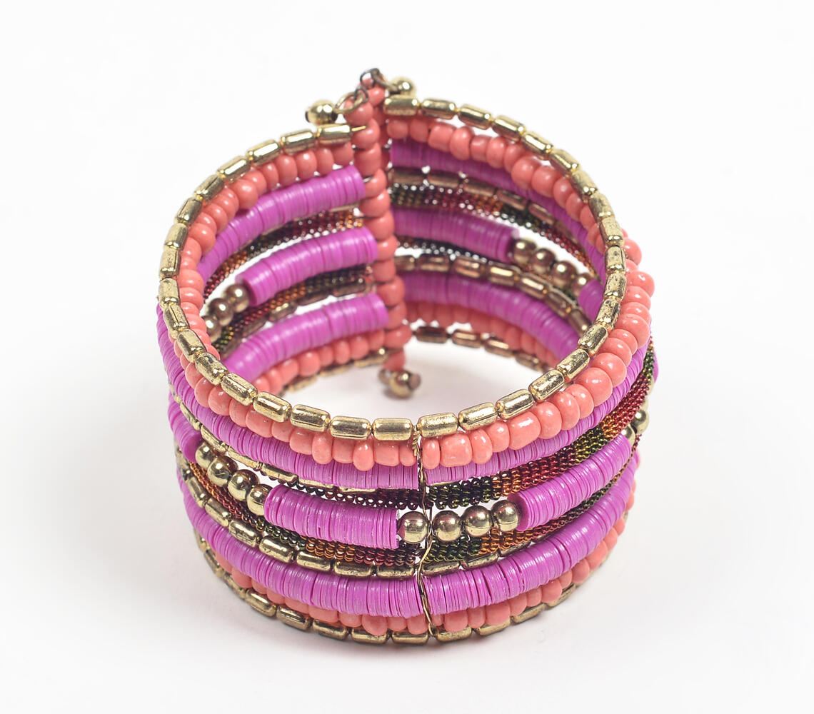 Gold-Toned Iron & Pink Beaded Cuff Bracelet - Pink - VAQL101018113731