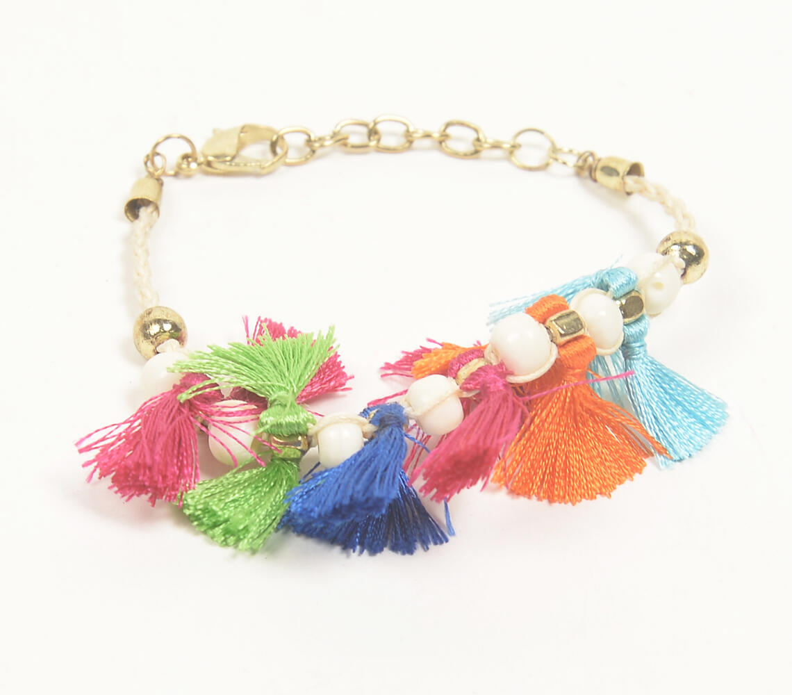 Bone Beads & Tasseled Woven Bracelet - Multicolor - VAQL101018113737