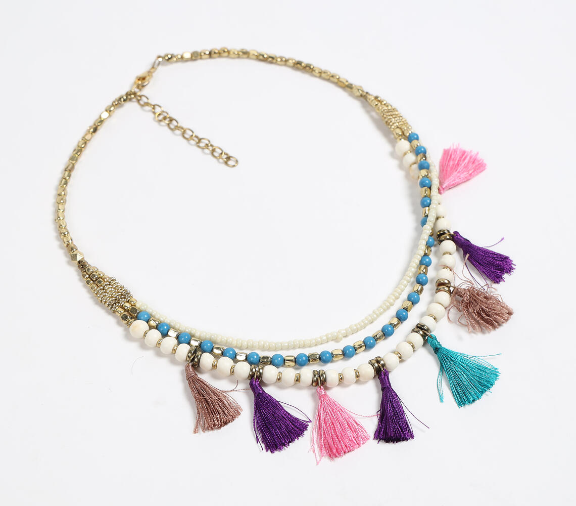 Boho Tasseled & Beaded Necklace - Multicolor - VAQL101018113759