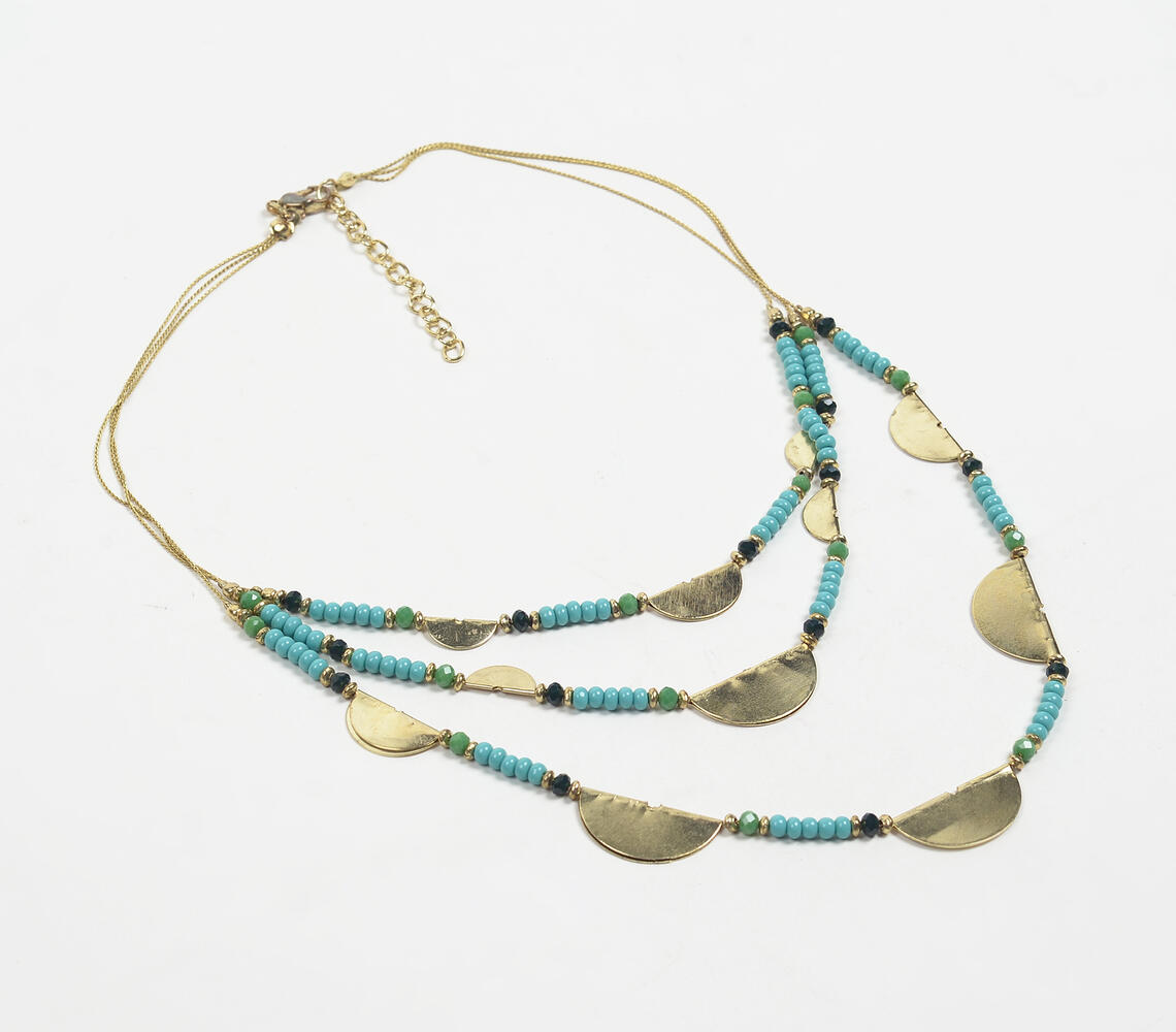 Aqua Beaded & Metallic Crescent Layered Necklace - Gold - VAQL101018113764