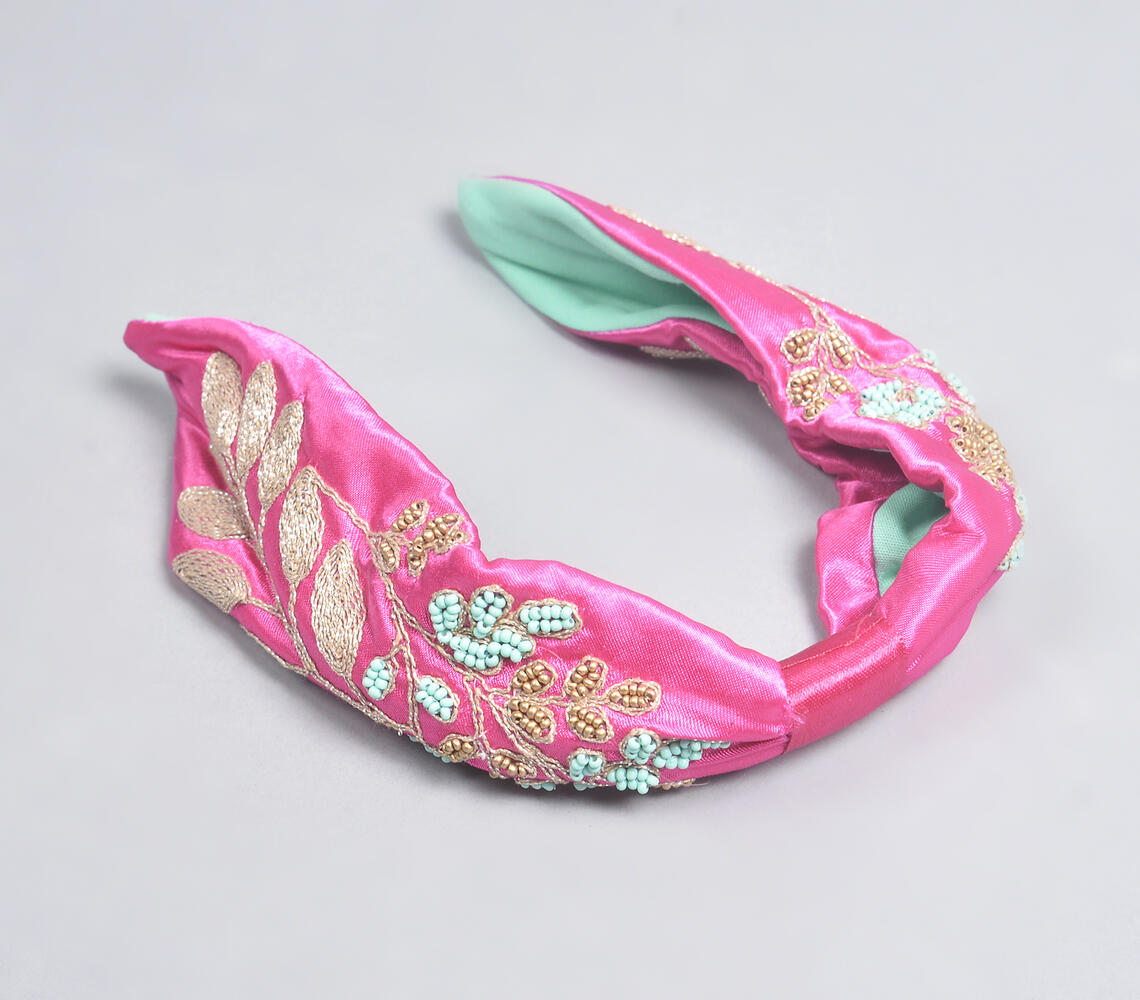 Beads & Zari Embroidered Botanical Hair Band - Pink - VAQL101018113820