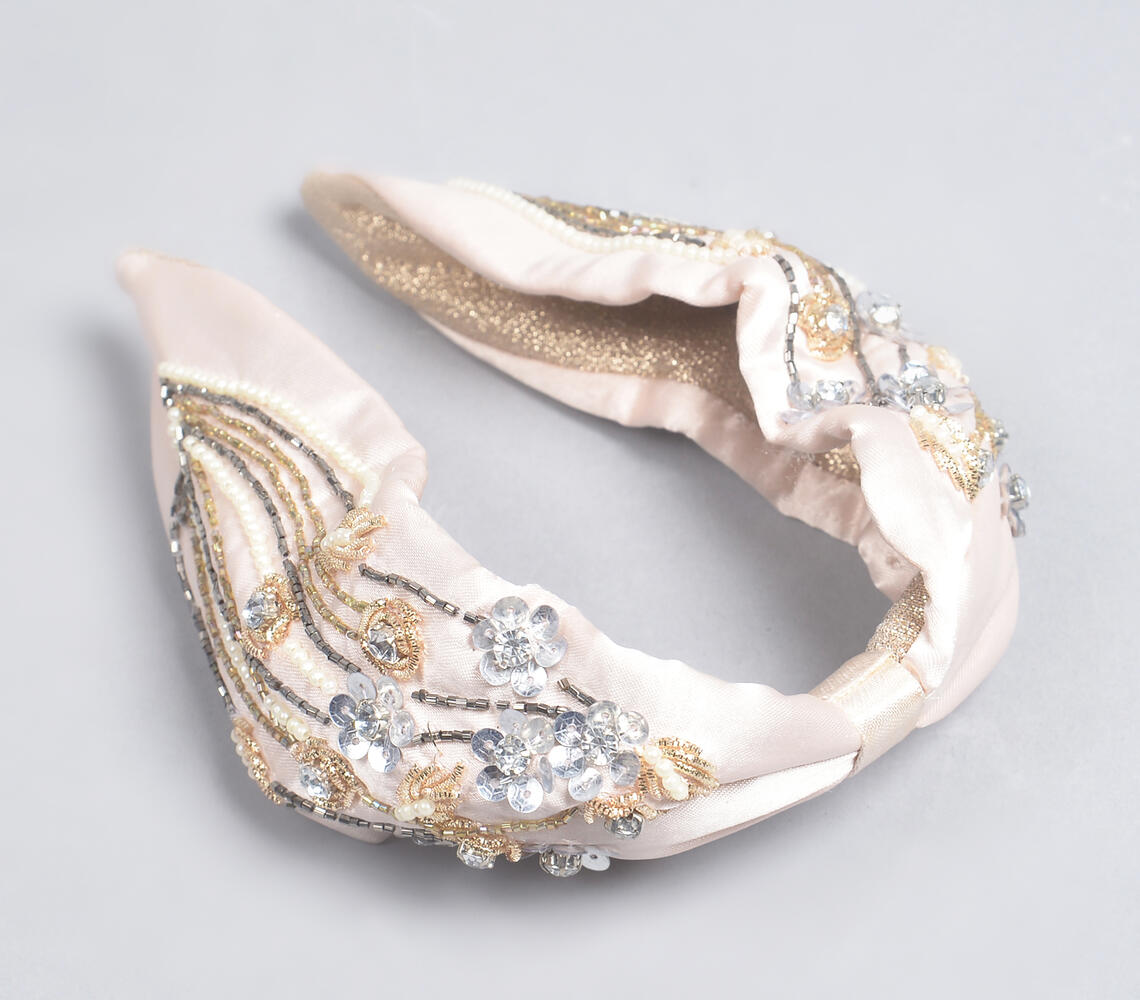 Beads & Sequin Embroidered Pastel Hair Band - White - VAQL101018113823