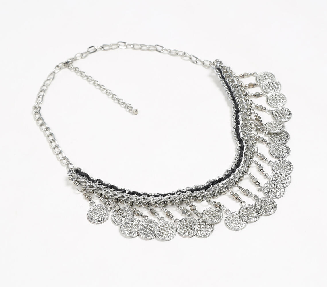 Silver-Toned Iron Charms Tribal Bib Necklace - Silver - VAQL101018113882