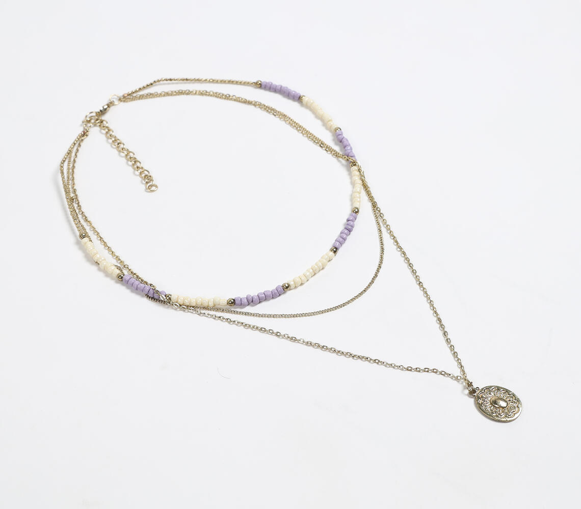 Lilac Beaded Layered Charm necklace - Gold - VAQL101018113985