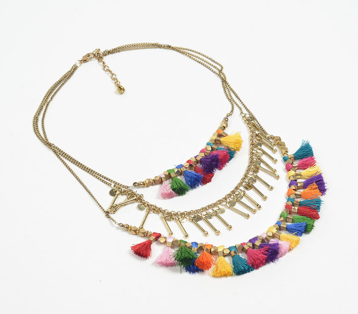Boho-chic Colorpop Tasseled Brass Necklace - Multicolor - VAQL101018114022
