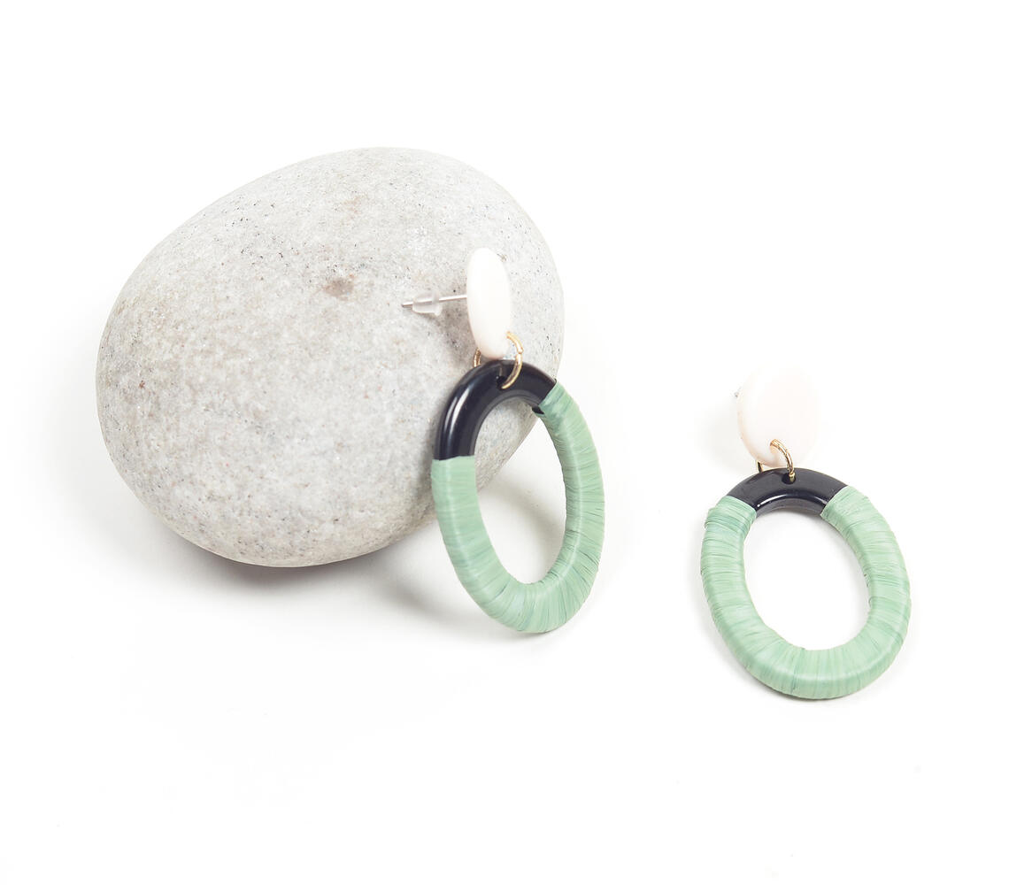 Mint Raffia & Resin Oval Earrings - Turquoise - VAQL101018114142