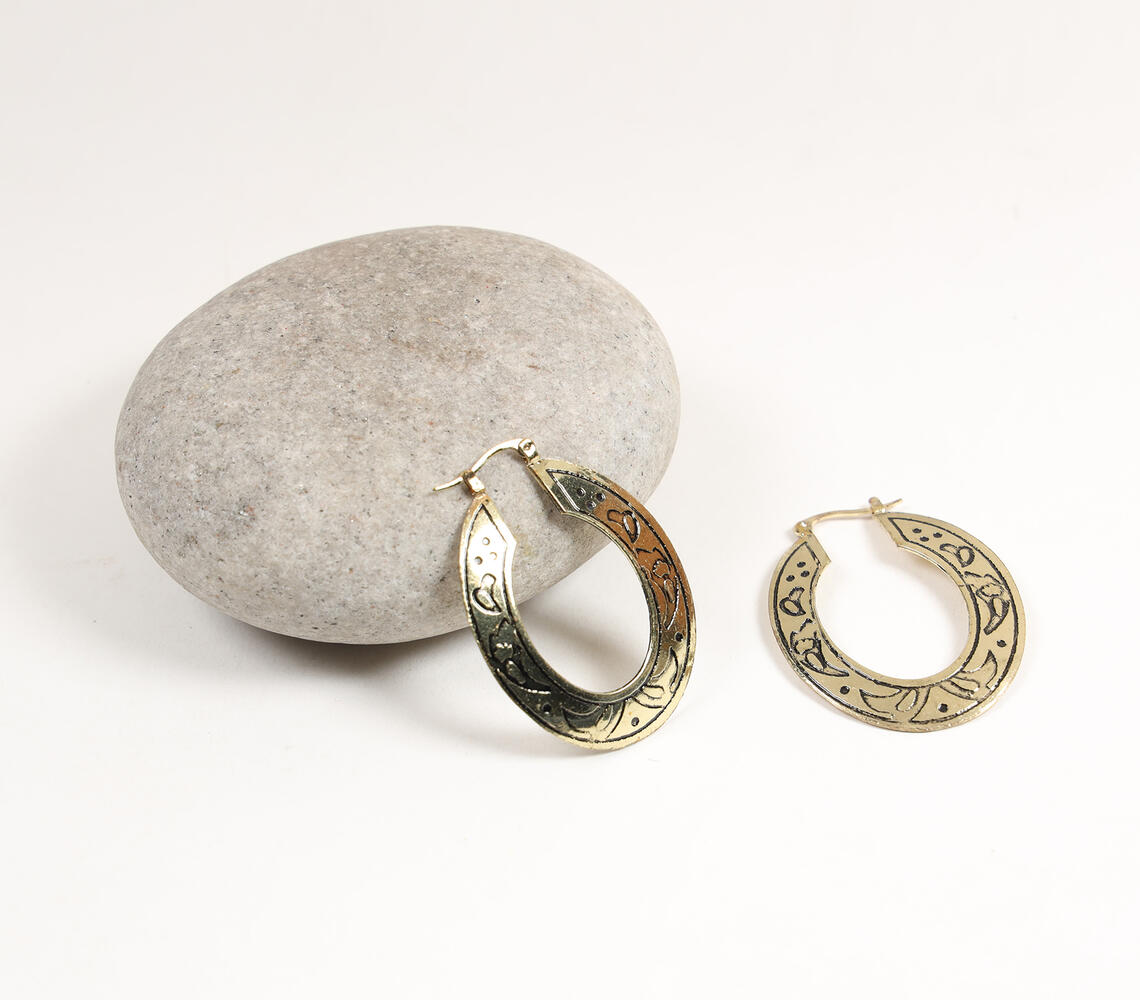 Engraved Brass Tribal Hoop Earrings - Gold - VAQL101018114196