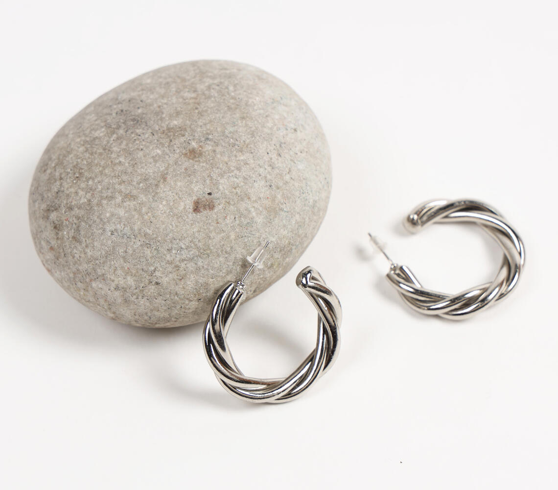 Twisted Brass Huggie Hoop Earrings - Silver - VAQL101018114227