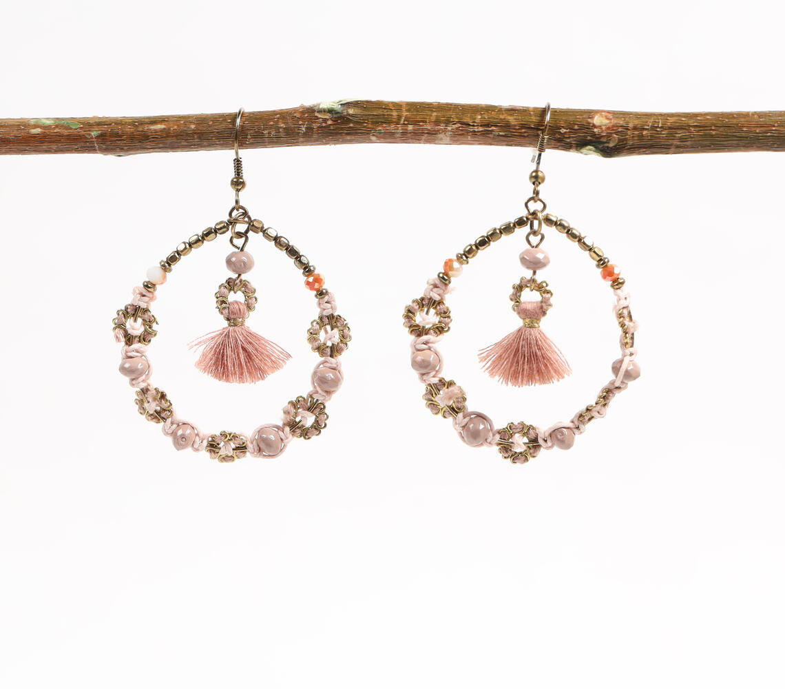 Dusty Pink Beads Tasseled Dangle Earrings - Pink - VAQL101018114242