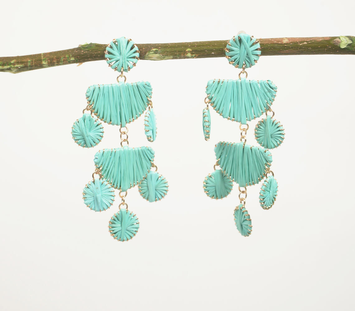 Raffia-Wrapped Gold-Toned Iron Chandelier Earrings - Turquoise - VAQL101018114444
