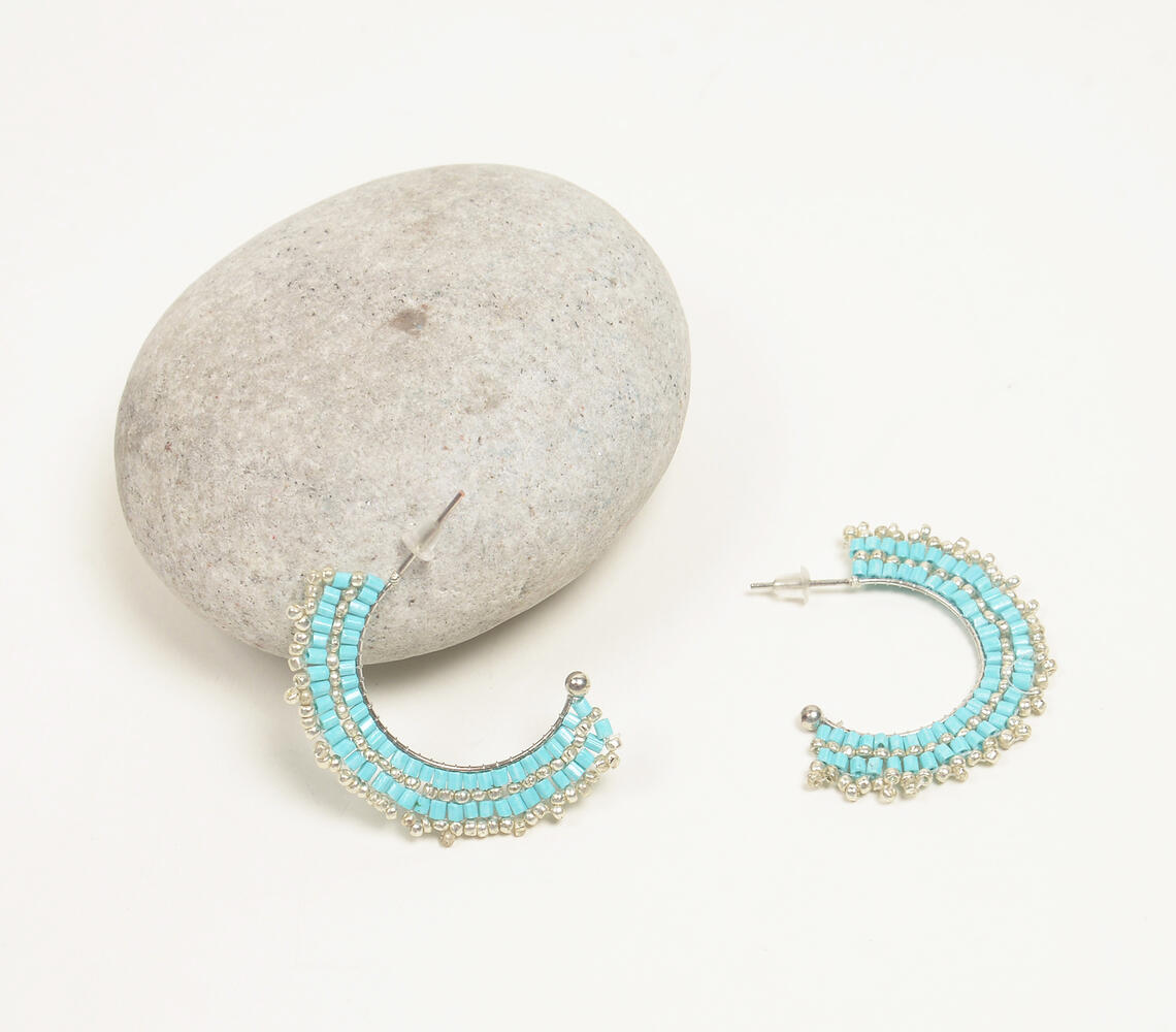 Silver & Turquoise Glass Beaded C-Hoop Earrings - Turquoise - VAQL101018114478