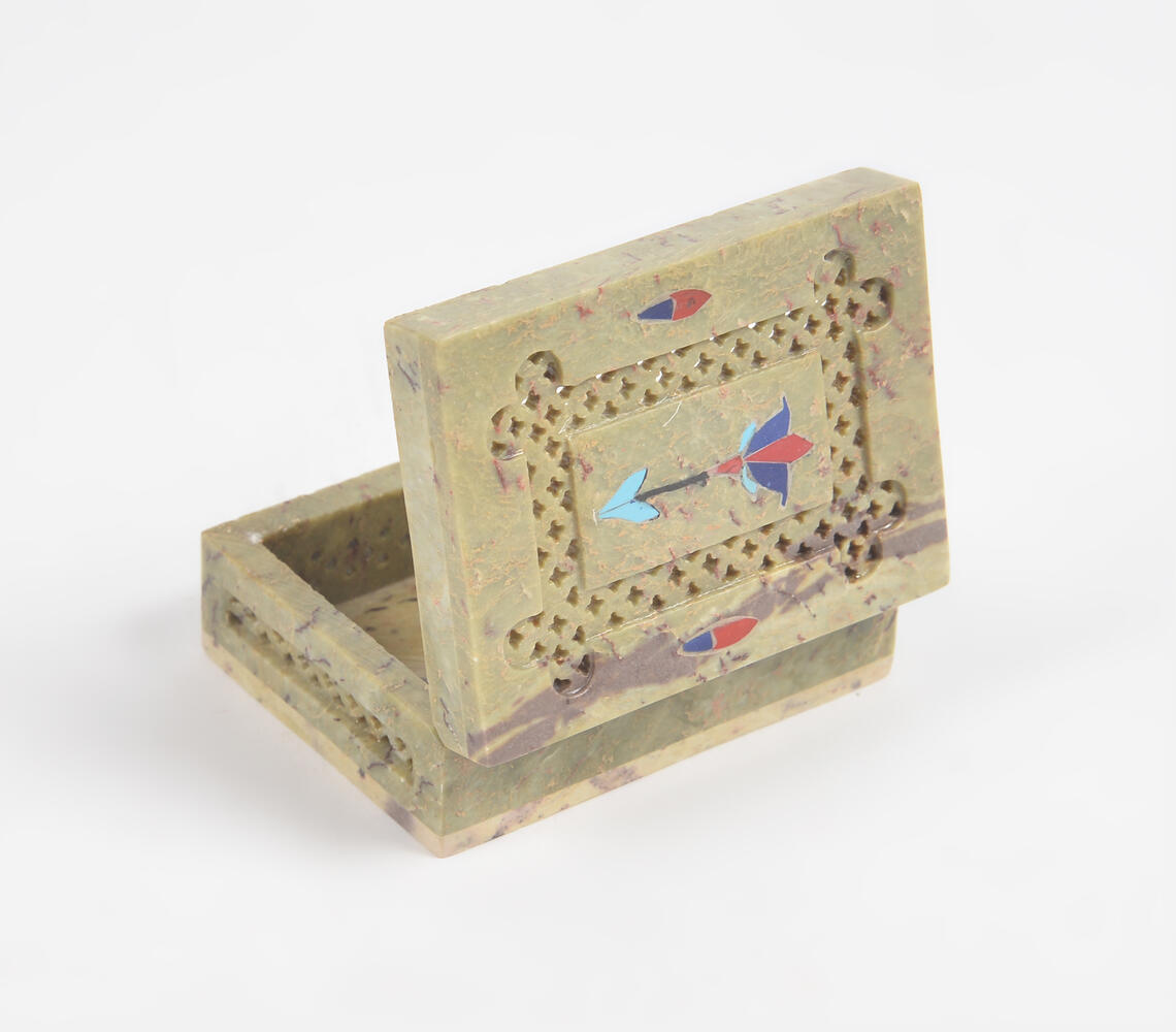 Inlaid Semi-Precious Stone & Lattice Cut Soapstone Jewelry Box - Mustard - VAQL101018119528