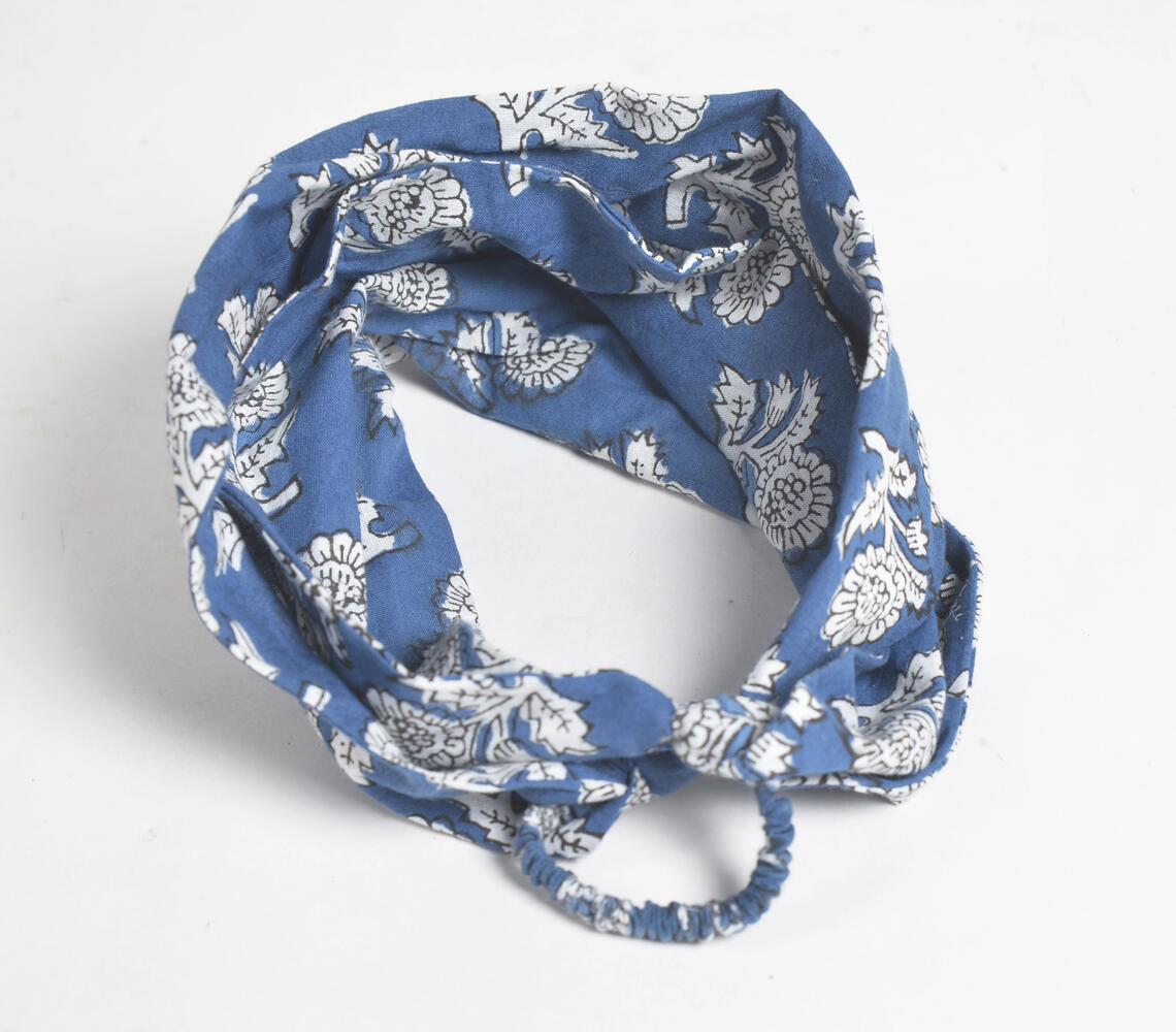 Indigo Floral Block Printed Hairband - Blue - VAQL101018124968