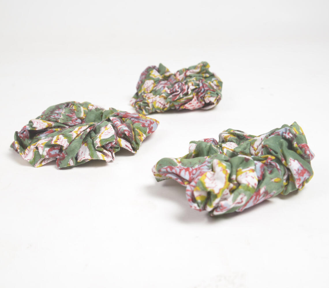Block Printed Floral Forest Scrunchie Hair Ties (set of 3) - Green - VAQL101018124979