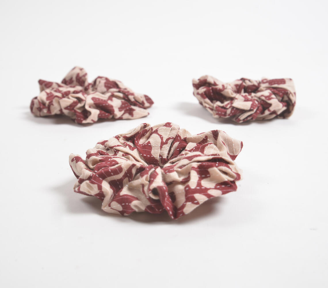 Block Printed Scarlet Floral Scrunchie Hair Ties (set of 3) - Maroon - VAQL101018124982