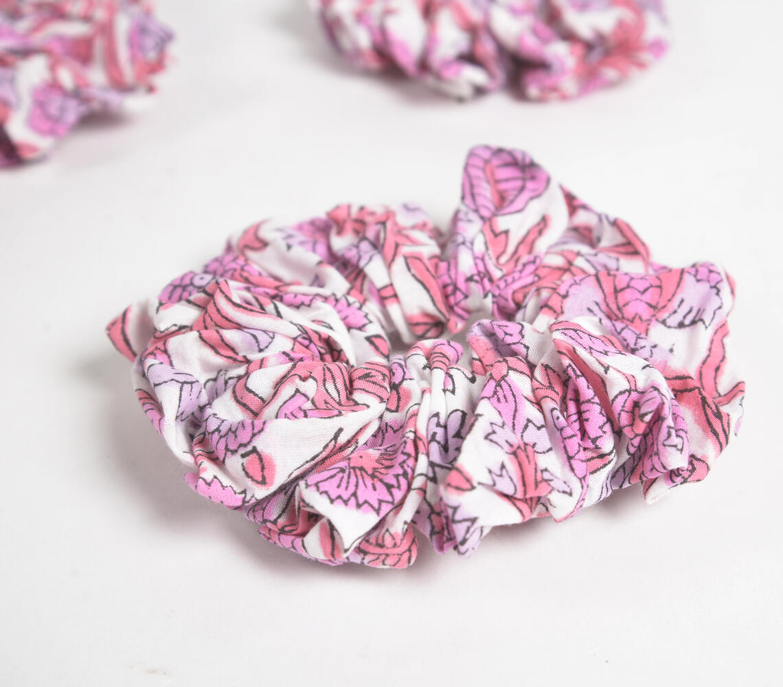 Pastel Rose-lilac Block printed Scrunchie hair ties (set of 3) - Pink - VAQL101018124984