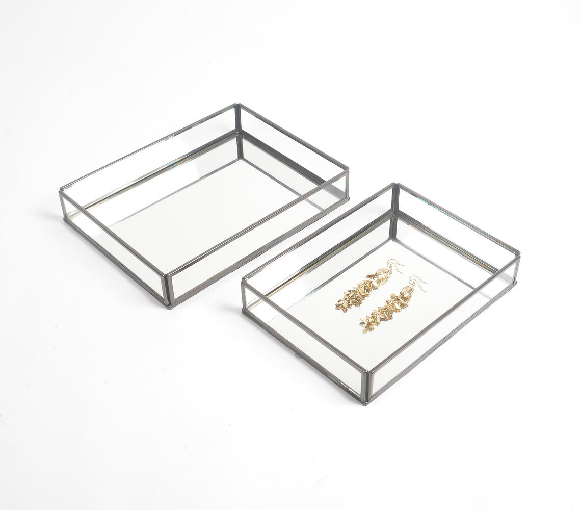 Minimal Metal & Glass Vanity Trays with Mirror Base (set of 2) - Black - VAQL101018128536