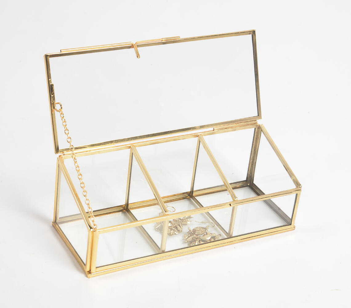 Minimal Glass & Metal Tapered 3-Compartment Jewelry Box - Gold - VAQL101018128537