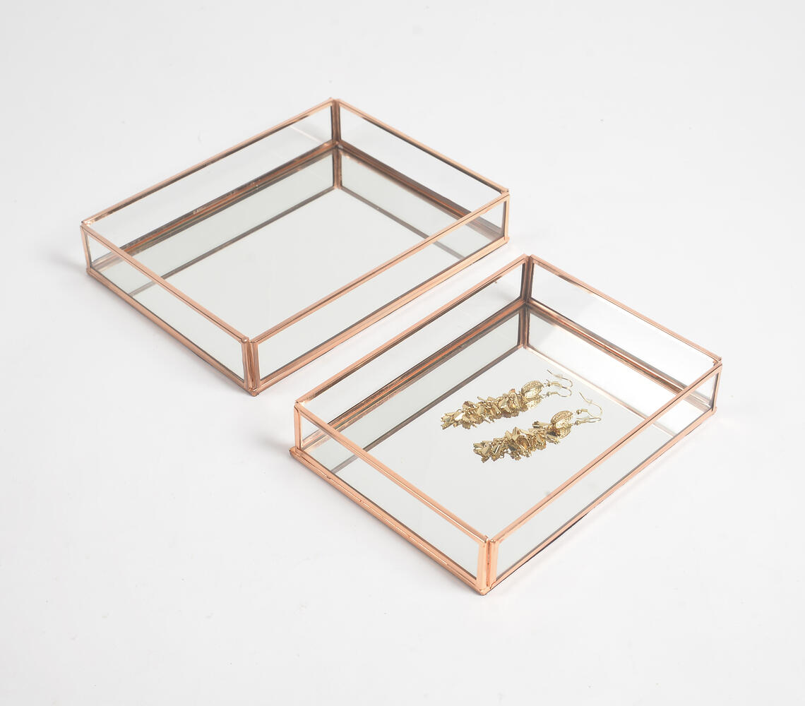Minimal Rose-gold Metal & Glass Vanity Trays with Mirror Base (set of 2) - Rose-Gold - VAQL101018128538