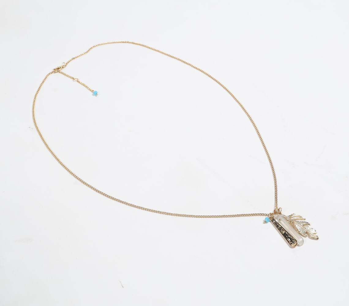 Glass Crystal & Metallic Feather Charm Necklace - Gold - VAQL101018133876