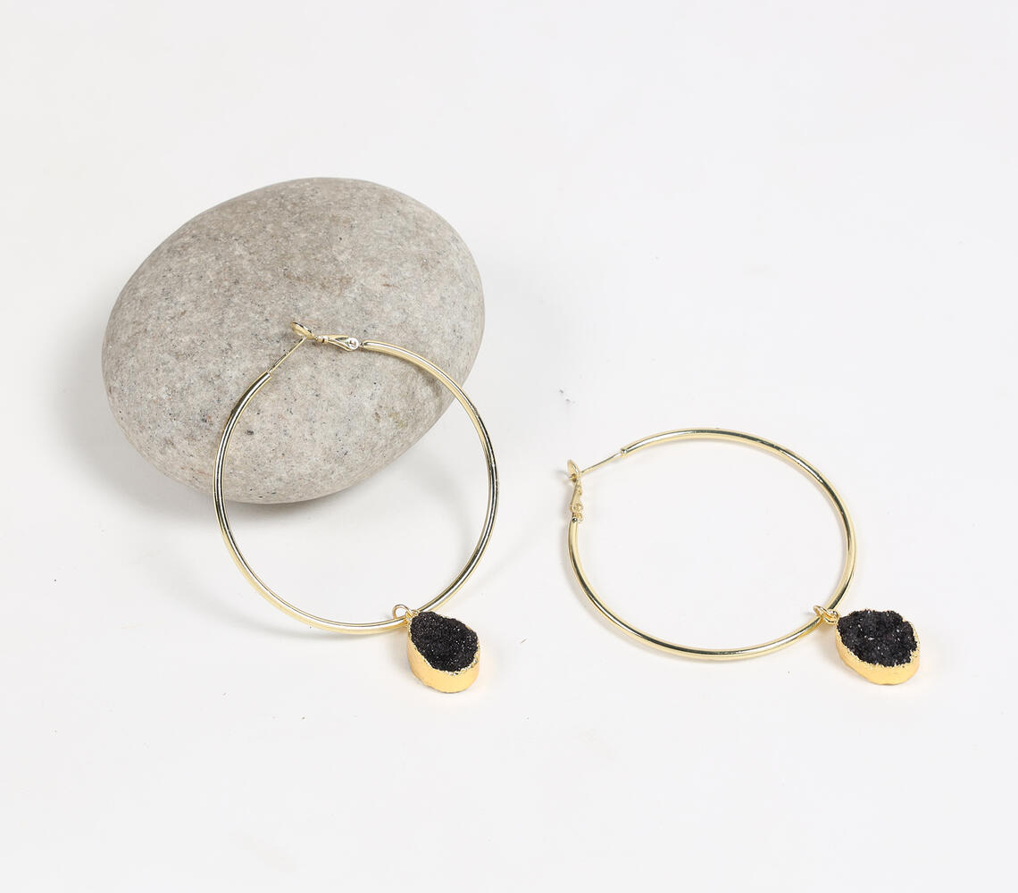 Recycled Brass & Druzy Hoop Earrings - Gold - VAQL101018133902