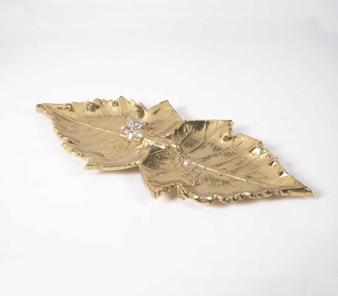 Aluminum Cast Golden Maple Leaves Trinket Dish - Gold - VAQL10101877505