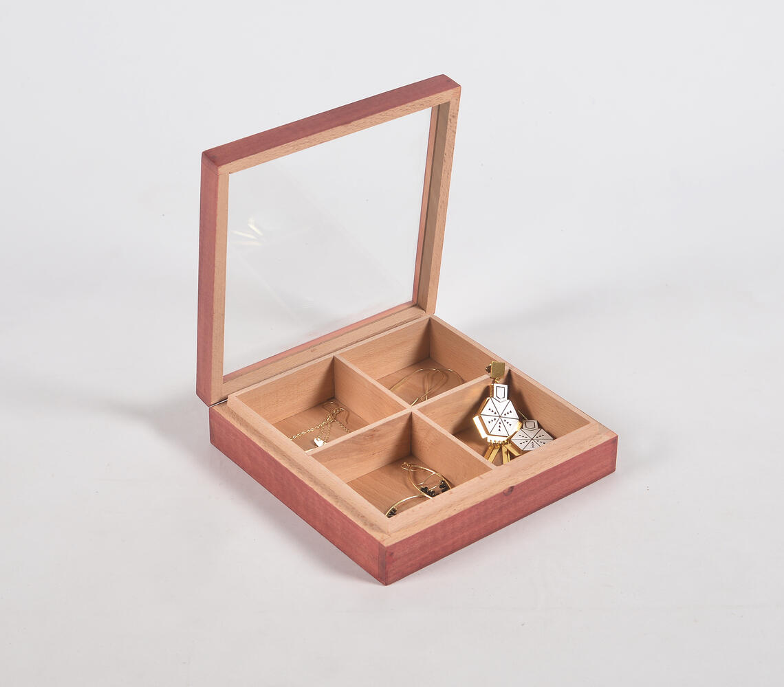 Hand Cut Steam Beech Wood Red Jewelry Box - 4 Compartments - Red - VAQL10101880859